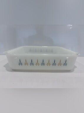 Fire king anchor hocking atomic Starburt gold blue 9” milk glass